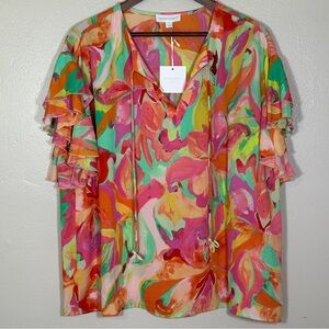 NEW Cynthia Rowley Vibrant Abstract Ruffle Blouse